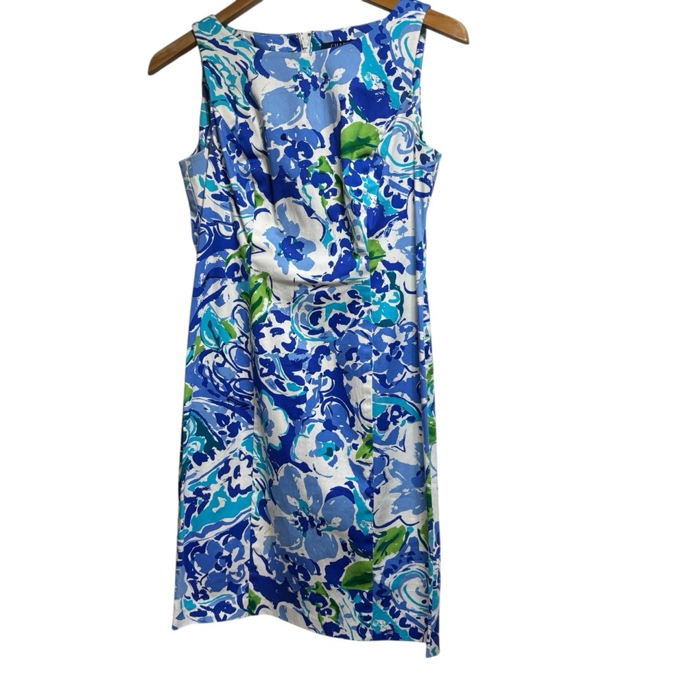 Chaps Blue Floral Watercolor Sleeveless Sheath Dress Petite 4P Cotton Blend #506